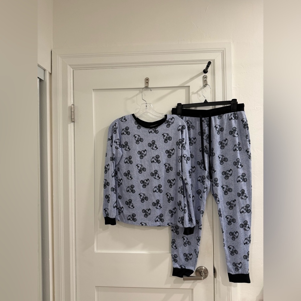 Costco Disney blue Heather + black Mickey print jogger pajama set (fair)